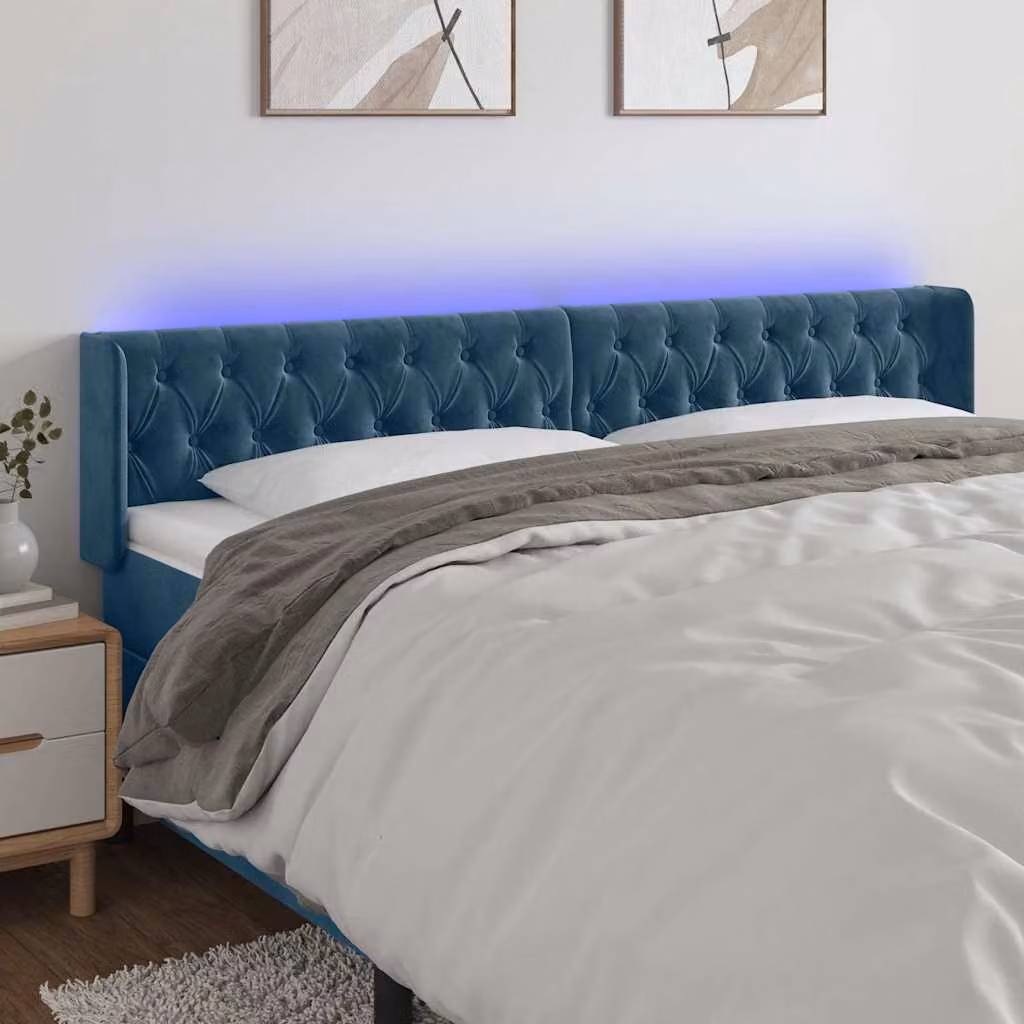 Testiera per letto vidaXL in velluto blu scuro con illuminazione LED e porta USB, L: 183 cm, P: 16 cm, H: 78-88 cm