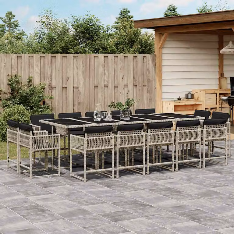 vidaXL Set da Pranzo da Giardino 15 pz in Polyrattan con Cuscini e Piano in Vetro Grigio