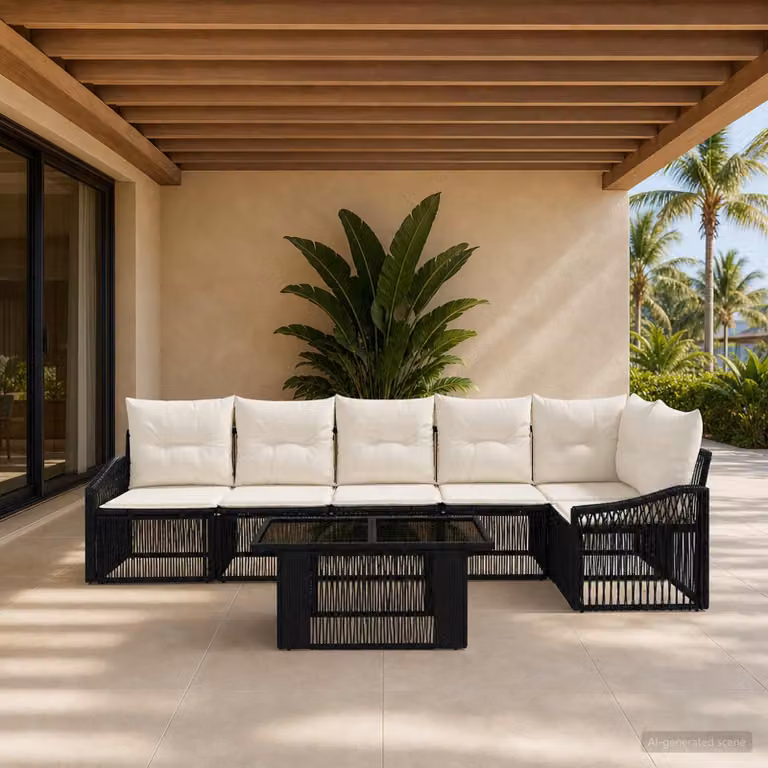 Set Divano da Giardino vidaXL in Polyrattan 7 Pezzi con Tavolino e Cuscini, Design Moderno a L, Nero e Bianco Crema