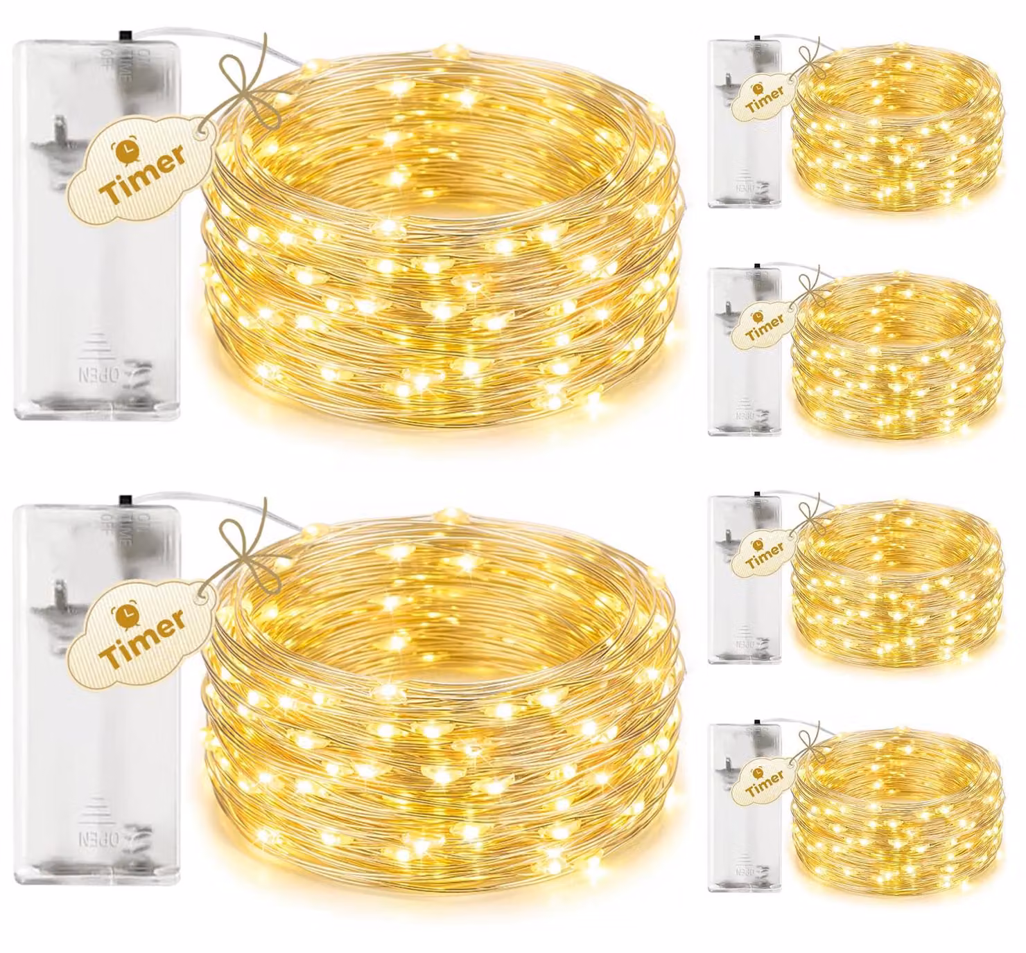 Set di 6 luci a catena, lunghezza 2 metri, 20 LED, luce bianco caldo, con timer, alimentazione a batteria
