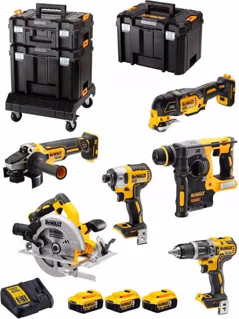 Kit utensili DeWALT DCK685P3T con avvitatore, trapano, martello perforatore, smerigliatrice, seghetto, troncatrice, 3 batterie da 5,0Ah, caricabatterie e sistema di contenitori TSTAK in giallo