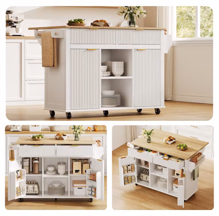 Isola da cucina mobile, dimensioni 120x45 cm, piano di lavoro pieghevole, 2 cassetti, 2 ante, ripiani per spezie, portasciugamani, colore bianco.