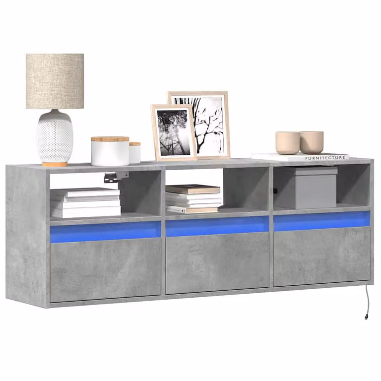 Mobile TV a parete vidaXL con luci LED integrate, Grigio Cemento, L 130 x P 31 x H 45 cm