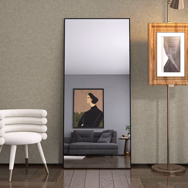 Specchio rettangolare per il trucco in vetro temperato, cornice in alluminio nero, 1800x800 mm, design moderno ed elegante