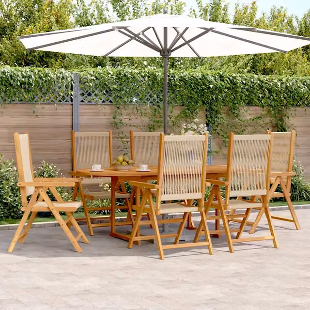 Set da giardino vidaXL da 7 pezzi in polyrattan e legno di acacia oliato beige