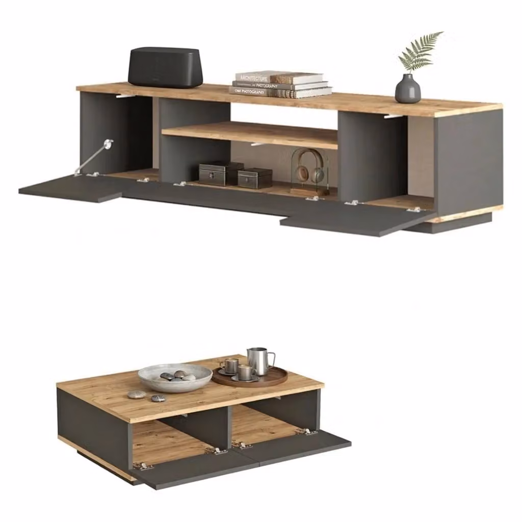 Set di mobili da soggiorno modulabile Nativo DMORA in legno rovere nodi marrone e nero L: 180 cm, P: 45 cm, H: 45 cm – 2