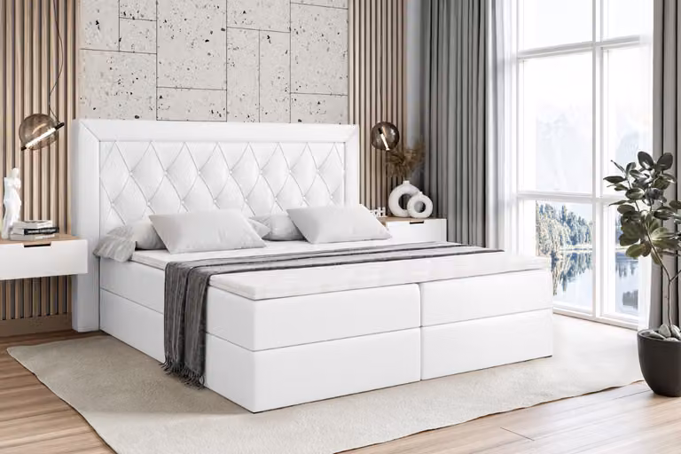 Letto boxspring ALTDECOR con materasso (altezza 20 cm) e topper (altezza 4 cm), letto imbottito con testiera e contenitore - NOEL - 180x200 - H3 / Pelle finta bianca