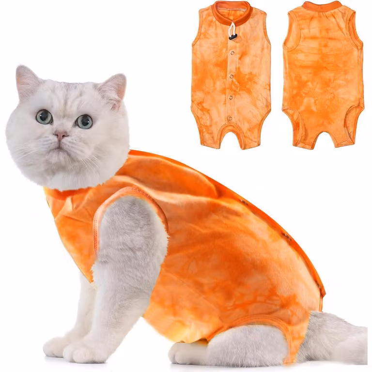 Tuta di recupero post-operatoria per gatti, modello "Modal Recovery", con protezione dalle perdite, colore arancione tie-dye