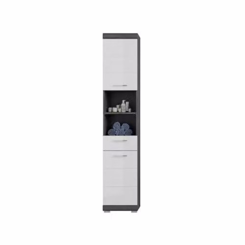Set bagno Scott - Mobile sottolavello, mobile portaoggetti con specchio, colonna e 2 mezze colonne - grigio scuro e b