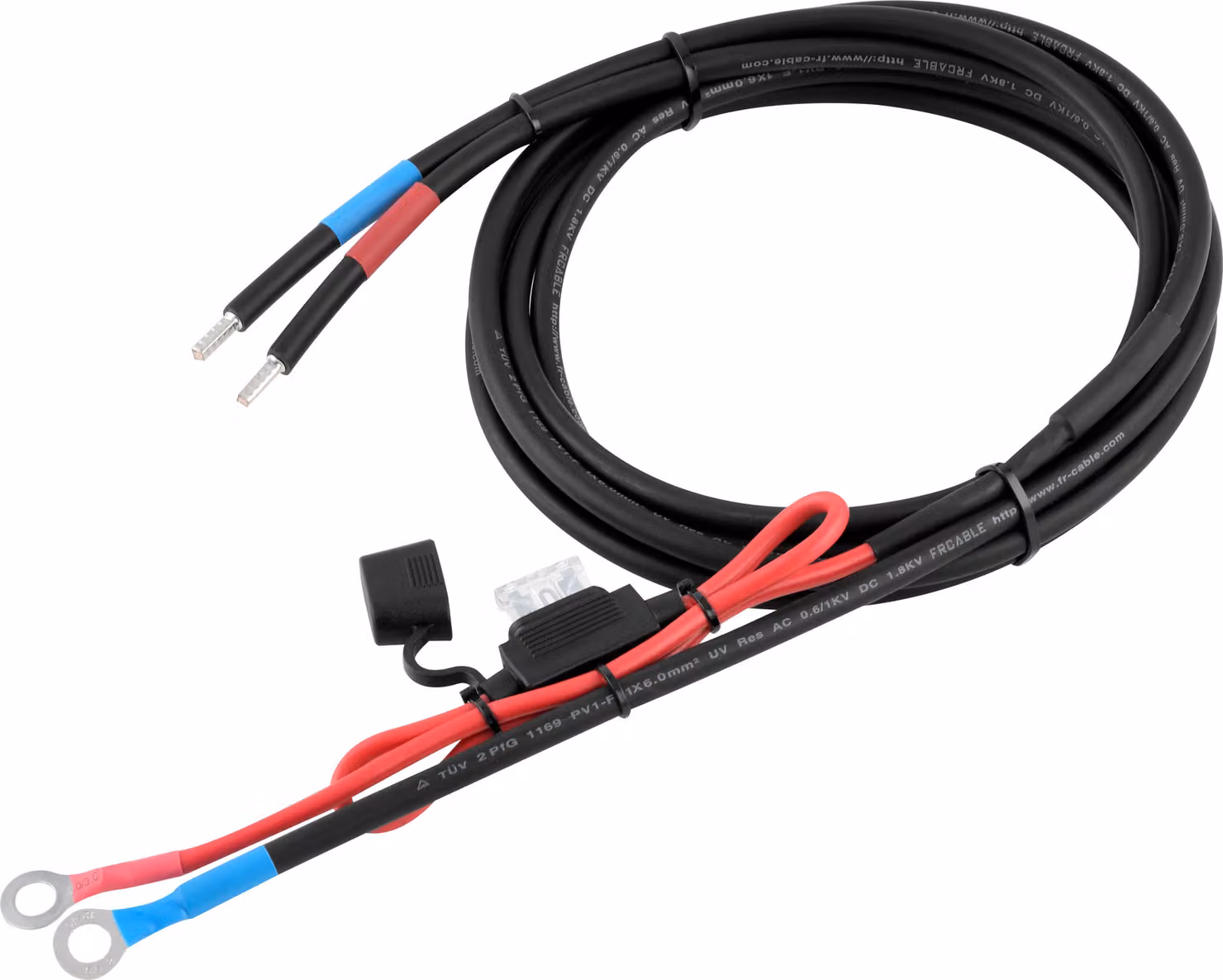 Cavo di collegamento batteria enjoy solar® 1,5 m, 6 mm², con fusibile da 25 A, per regolatore di carica alla batteria, IVA 0%.