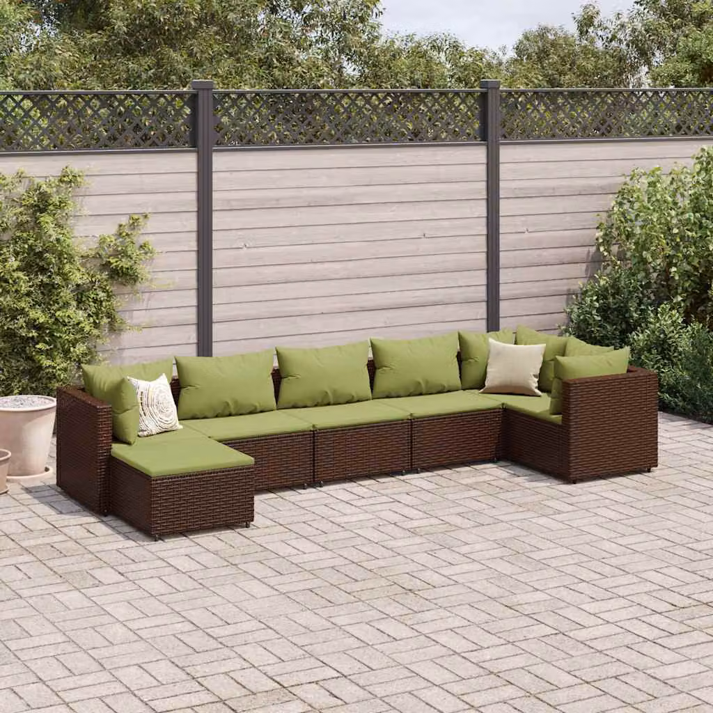 vidaXL Set Divani da Giardino 7 pz a Forma a L con Cuscini in Polyrattan e Struttura in Acciaio Marrone e Verde – 1
