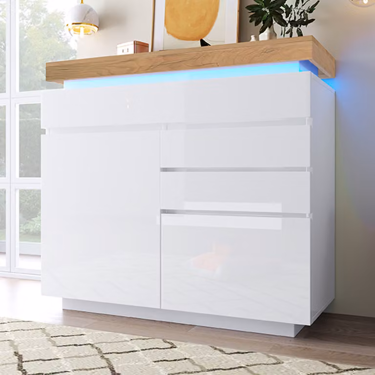 okwish credenza a cassettiera con tanto spazio, mobile con 2 ante e 3 cassetti e illuminazione a LED (controllo tramite app), credenza a cassettiera per il soggiorno, 115 x 110 x 39 cm, bianco