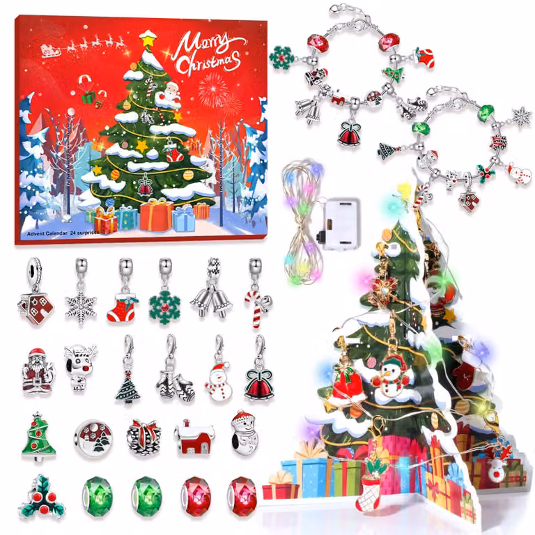 Calendario dell'Avvento a tema braccialetti 2026 - Calendario fai-da-te per gioielli - 24 giorni di attesa - Braccialetto con cristalli per bambini - 24 ciondoli e 2 braccialetti - Confezione regalo