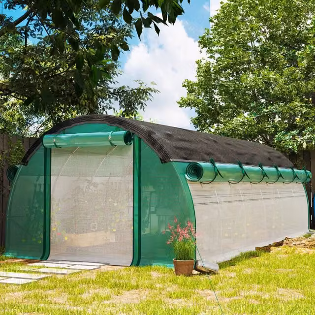 Serra tunnel WISHDOR verde con telaio in acciaio zincato, copertura in plastica, rete ombreggiante, porta arrotolabile e finestre L: 6 m, P: 3 m, H: 2 m