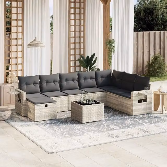 Set Divano da Giardino 9pz con Cuscini Grigio Chiaro Polyrattan 3263908