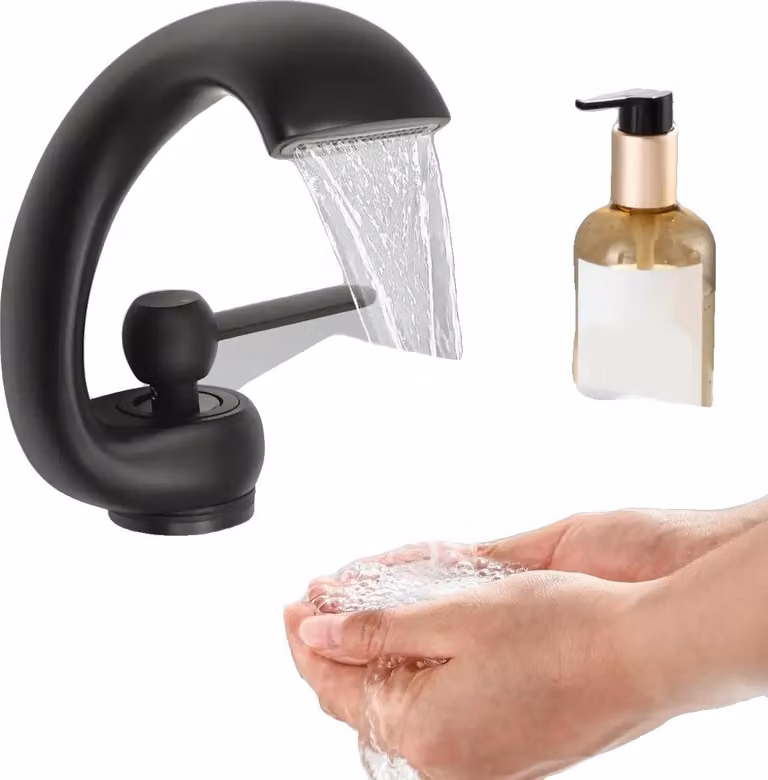 Rubinetto a cascata, design moderno, comando monocomando, montaggio a parete, nero