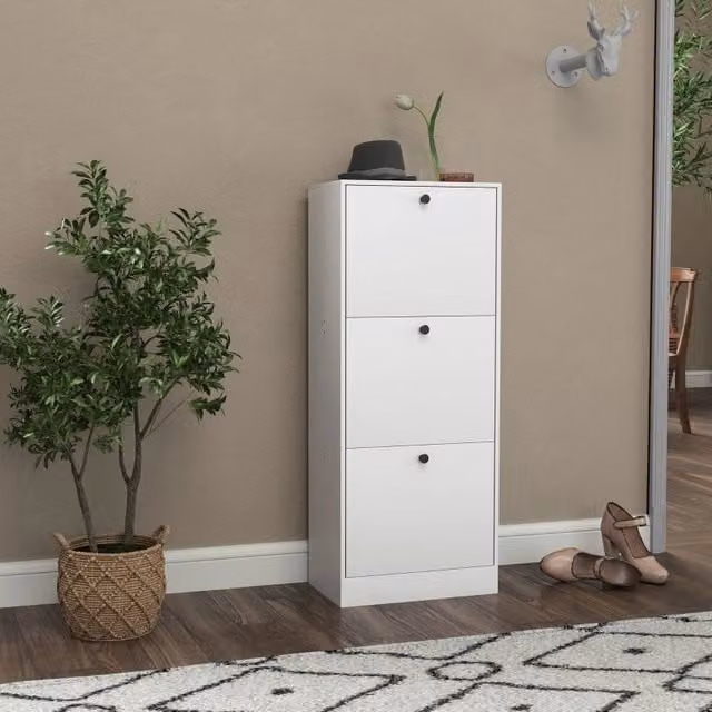 Scarpiera stretta WISHDOR con 3 ante ribaltabili e ripiani interni, bianco opaco, L: 47 cm, P: 28 cm, H: 115 cm