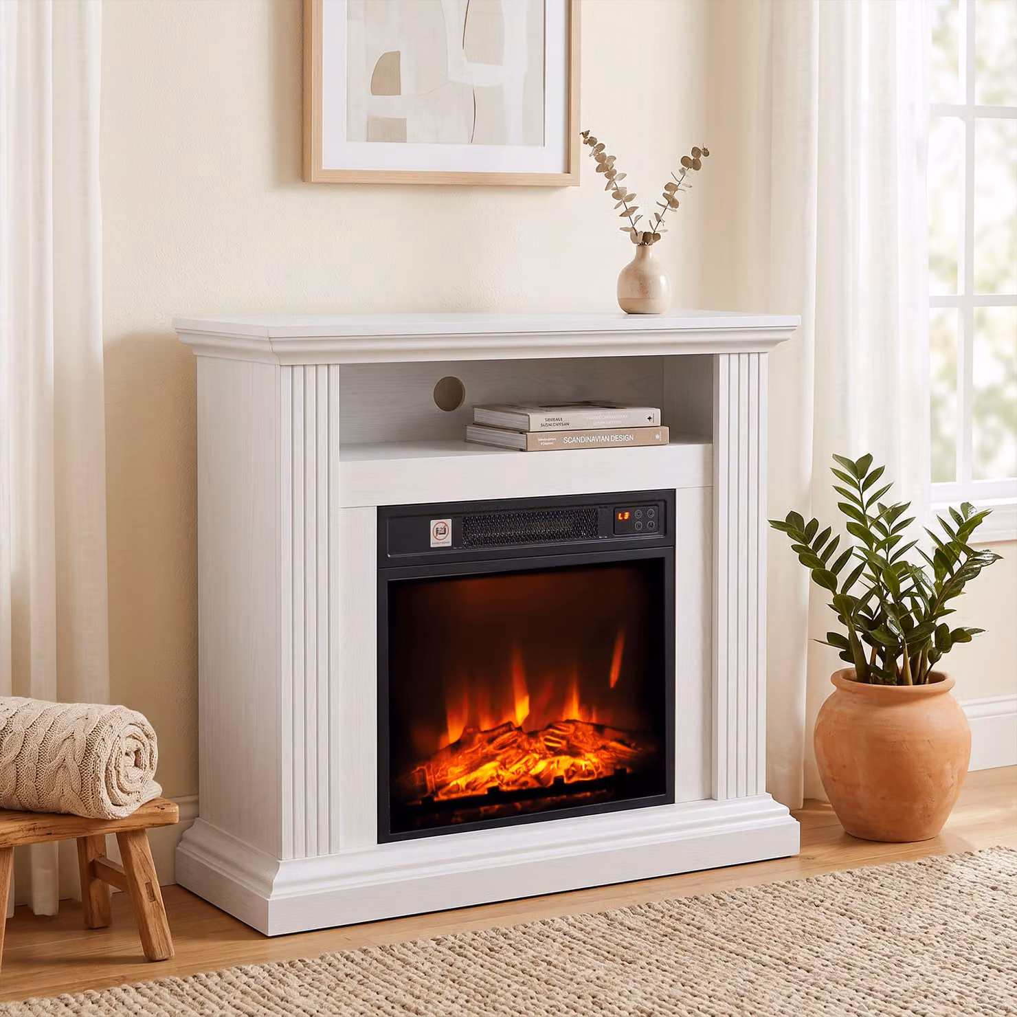 Camino elettrico HOMCOM da 1800 W con fiamma a 3 livelli di luminosità e mensola, effetto legno bianco – 2