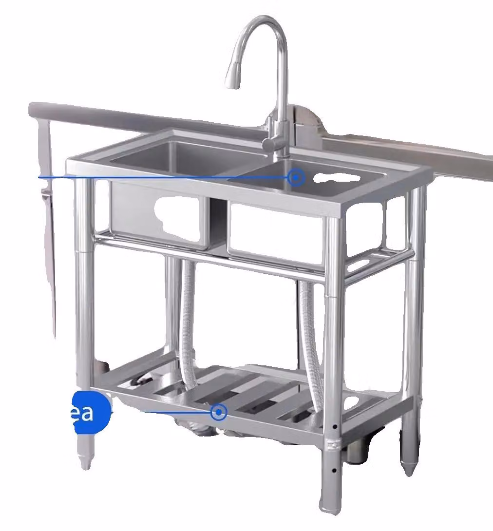 Lavello da cucina, struttura in acciaio inossidabile, rubinetti flessibili, colore argento