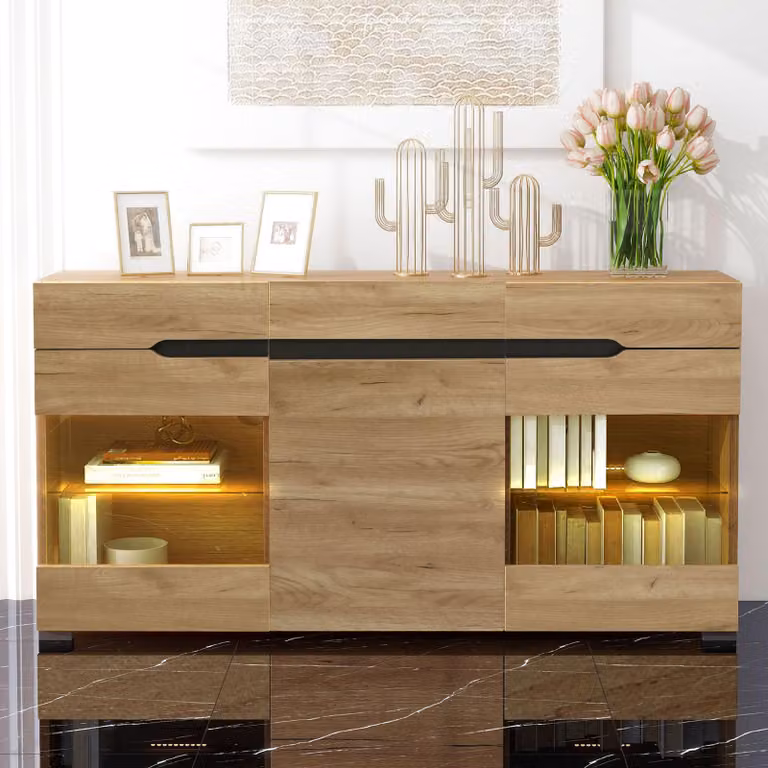 okwish LED credenza a 3 ante 3 cassetti moderna cassettiera naturale