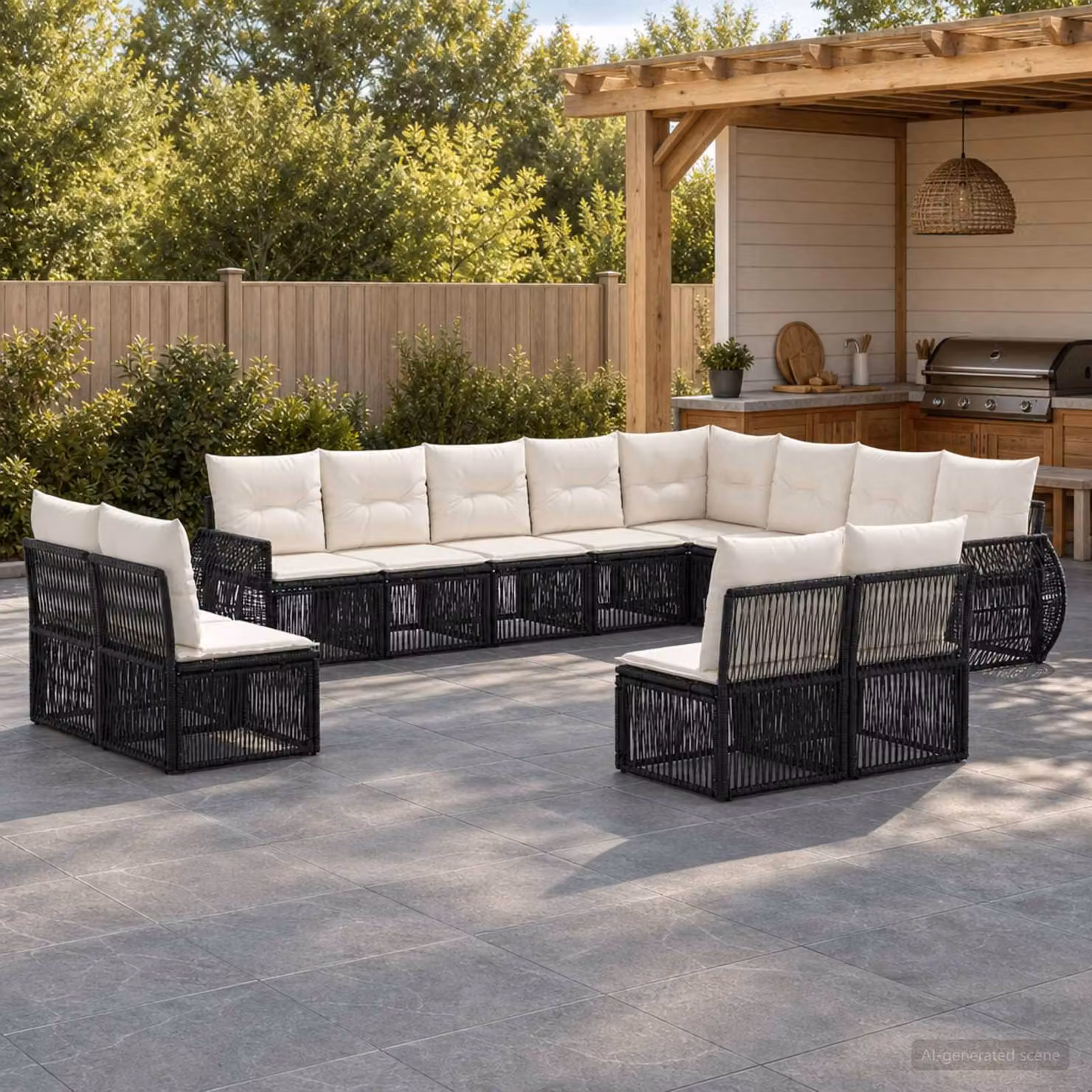 Set Divano da Giardino vidaXL 12 pz a forma a U in Polyrattan con Cuscini, Colore Nero e Bianco Crema