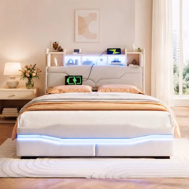 Letto matrimoniale MODFU imbottito in lino beige con contenitore idraulico, illuminazione LED e porta USB, 140x200 cm