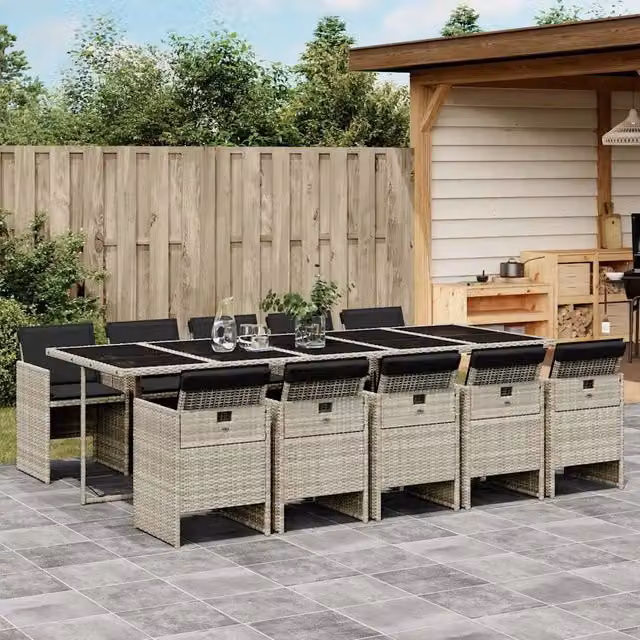 Set Pranzo da Giardino vidaXL in Polyrattan con Cuscini Grigio Antracite e Tavolo in Vetro, 11 Pezzi – 1