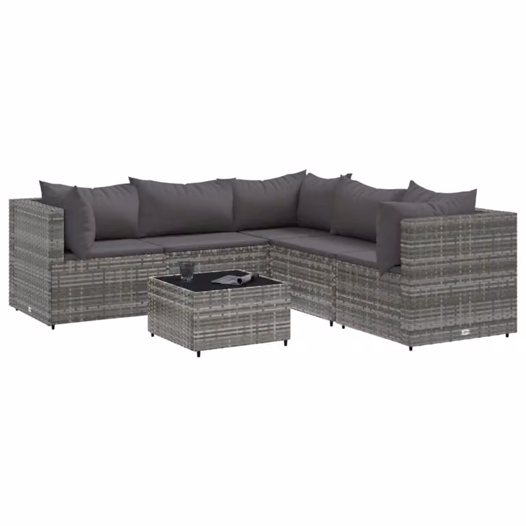 Set Divani da Giardino 6 pz con Cuscini in Polyrattan Grigio