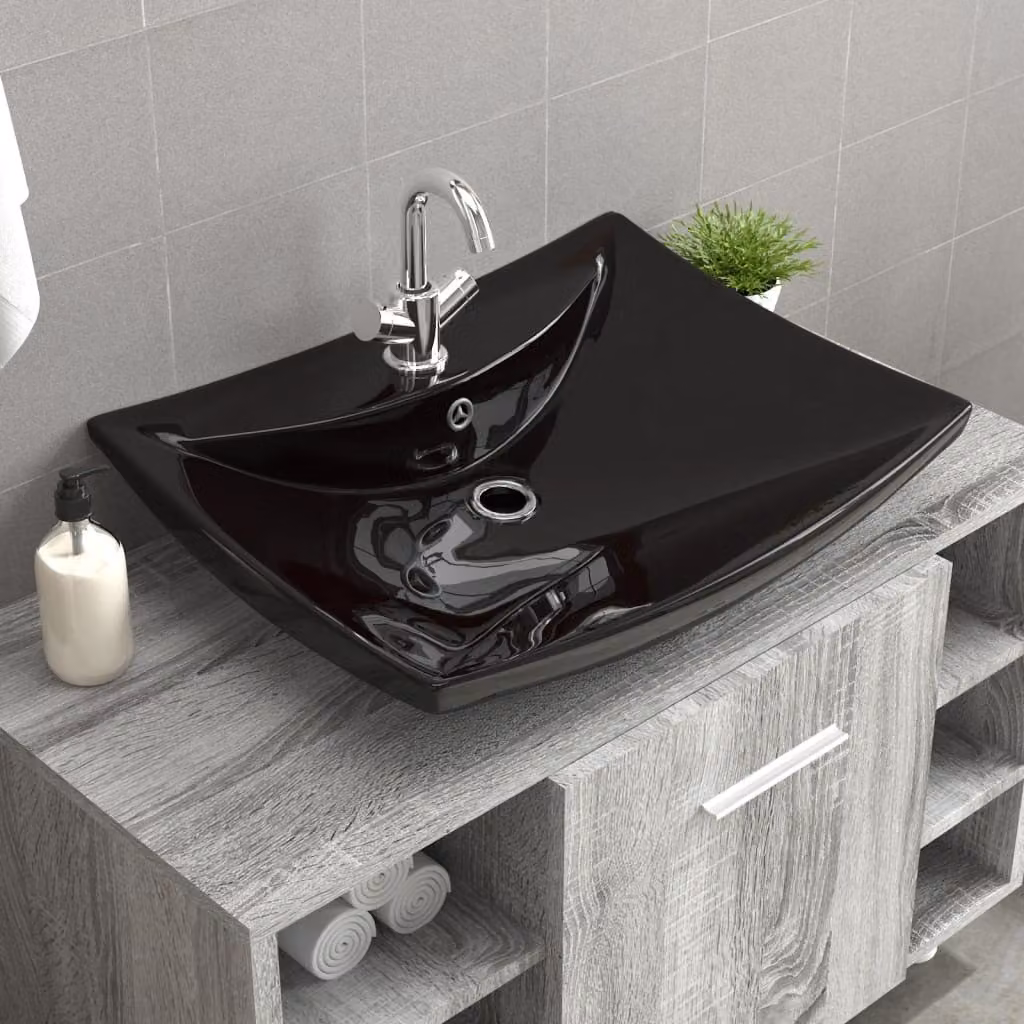 Lussuoso lavabo rettangolare in Vetroceramica con troppopieno e foro per rubinetto nero