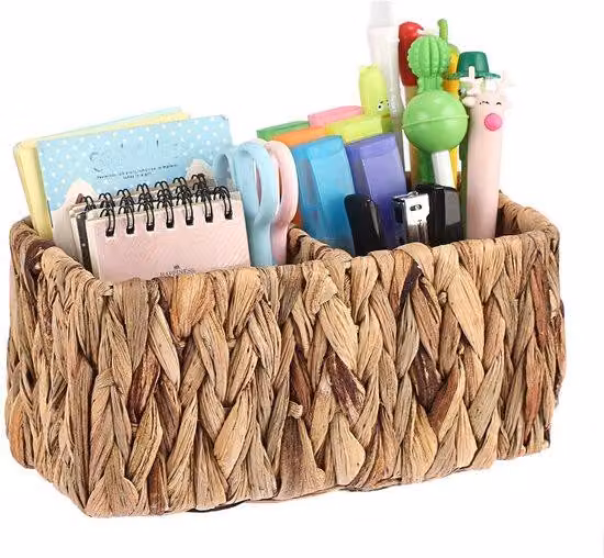 Cesto portaoggetti intrecciato a mano, realizzato con giunchiglia d'acqua rinnovabile, materiali 100% naturali – 2 scomparti, organizer leggero per soggiorno, bagno e ufficio