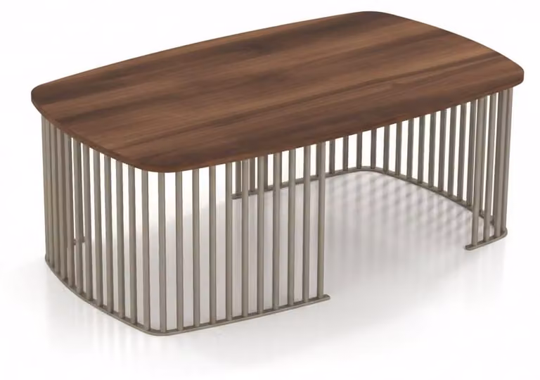 Tavolino da caffè moderno, design, in legno e metallo, per il soggiorno, forma ovale, noce