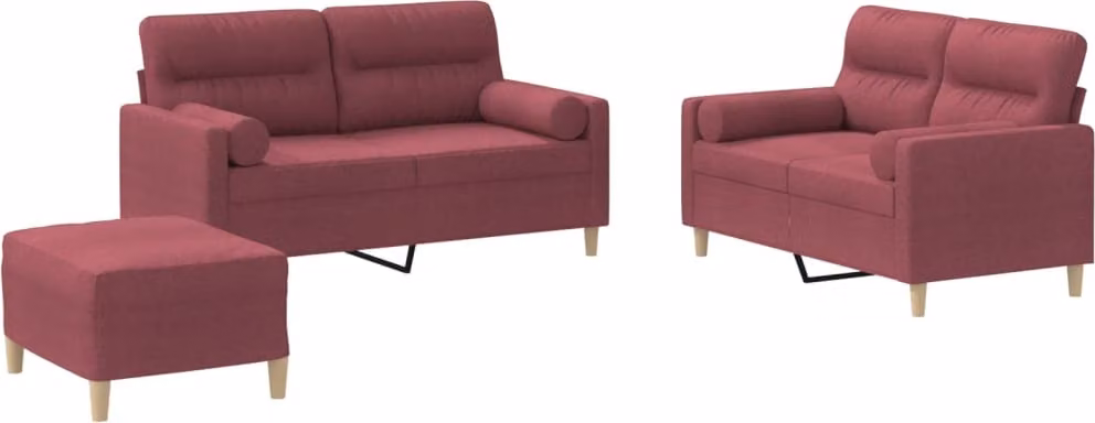 Set di Divani 3 pz con Cuscini Rosso Vino in Tessuto