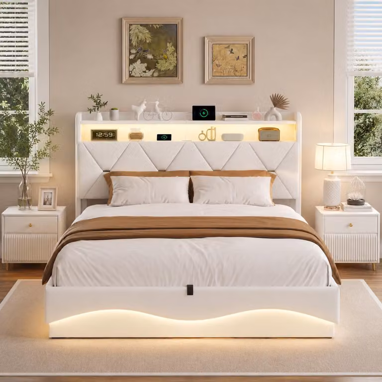 Letto imbottito INONEFT, 140x200 cm, con illuminazione LED e prese USB, contenitore a sollevamento idraulico, letto per ragazzi con contenitore integrato nella testiera, rivestito in velluto color beige