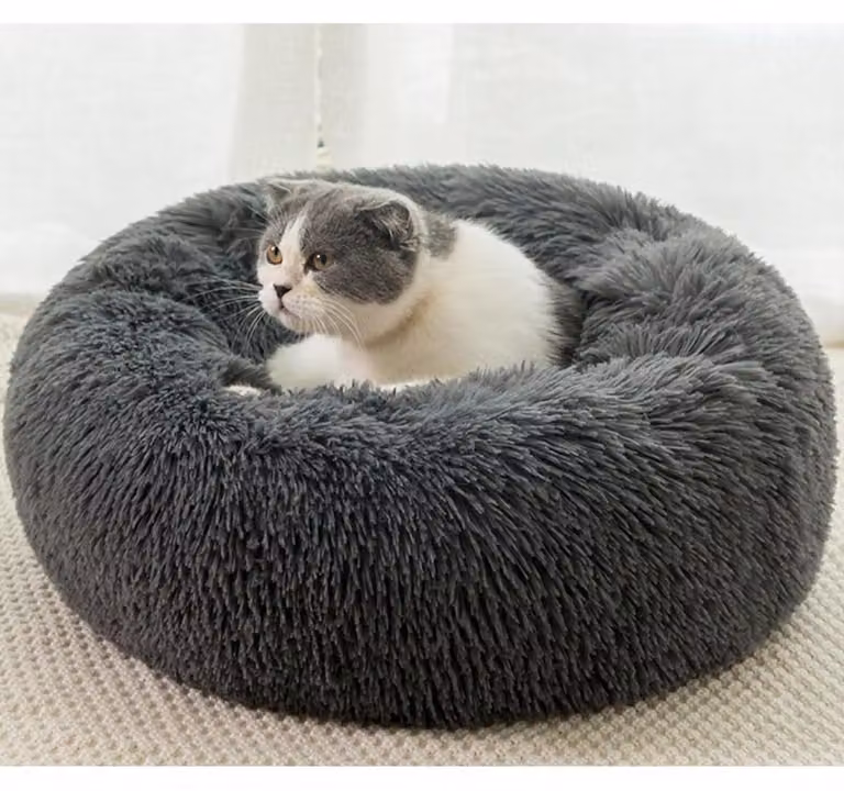 Cuccia per cani, forma rotonda, diametro 50 cm, colore grigio scuro, lavabile, imbottitura in peluche, rivestimento in ecopelle, materiale: PP e cotone, dimensioni: 50x50x20 cm