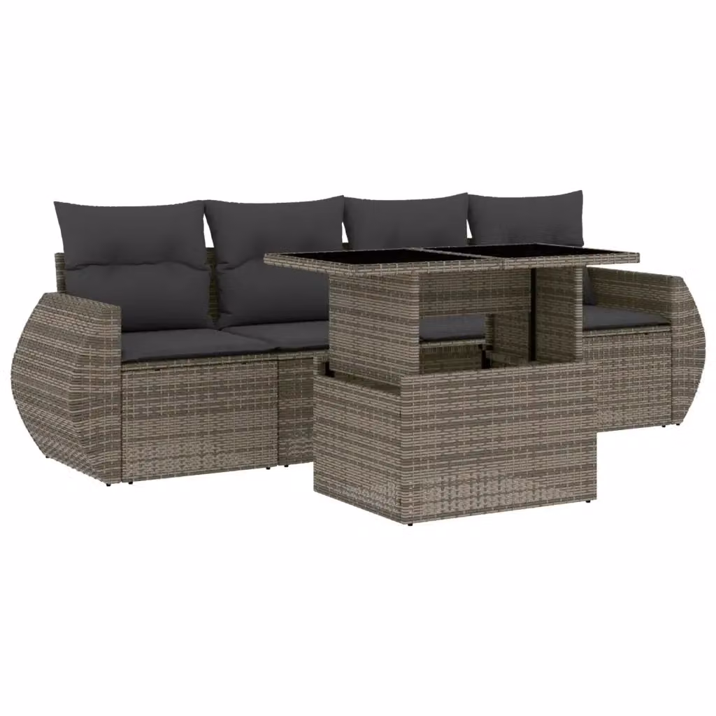 Set da giardino vidaXL composto da 5 pezzi in polyrattan grigio con cuscini e tavolino – 2