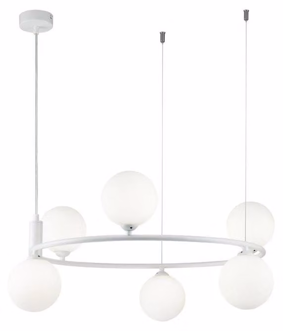 Lampadario Contemporaneo Ring Metallo Bianco 6 Luci E Diffusori Bianchi