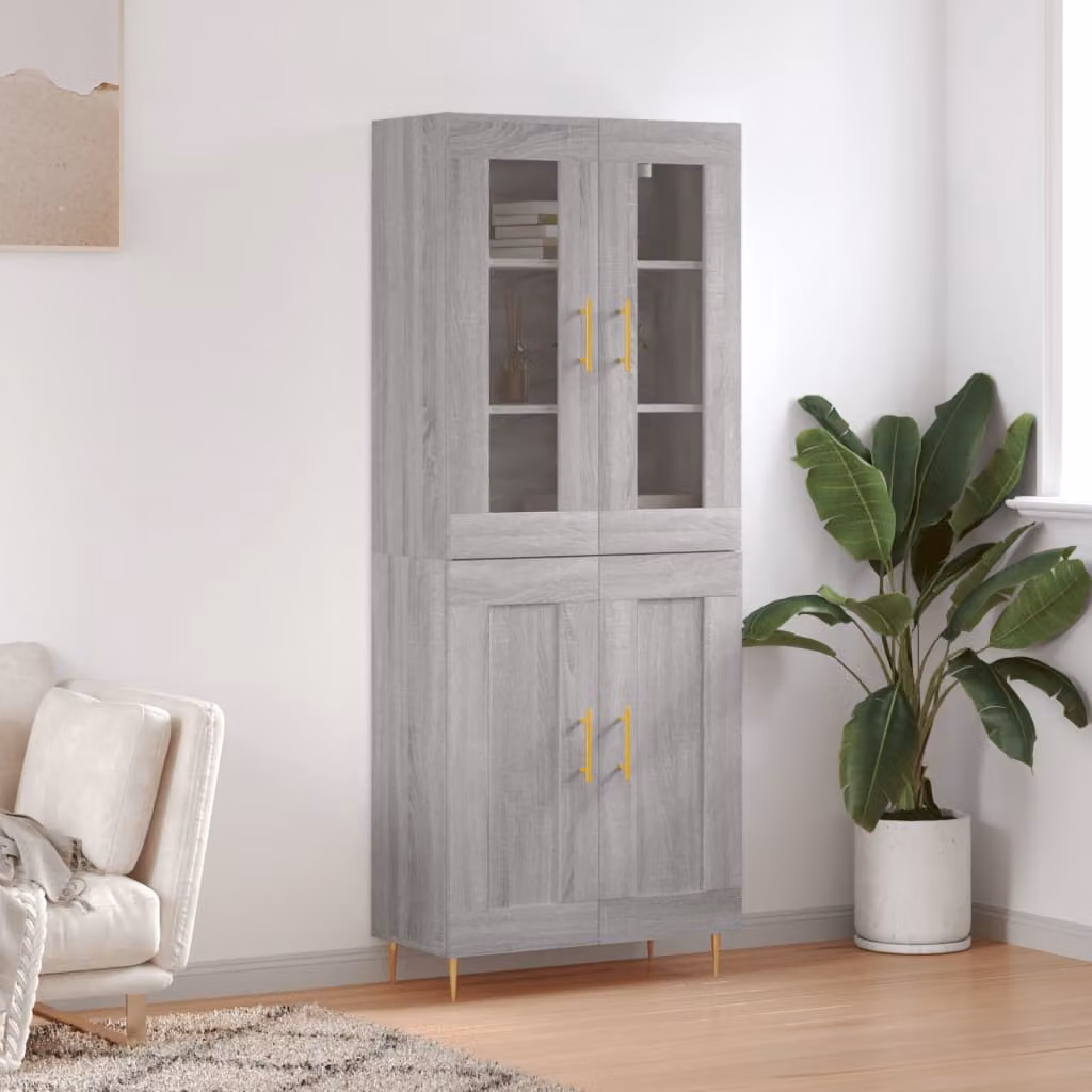 Credenza moderna vidaXL in legno e vetro Grigio Sonoma L: 69,5 cm, P: 34 cm, H: 180 cm