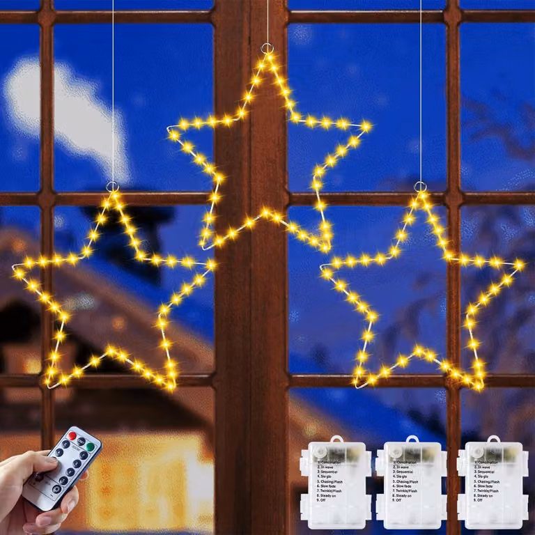 Catena luminosa con 3 stelle LED di grandi dimensioni, 120 LED, alimentata a batteria, grado di protezione IP65