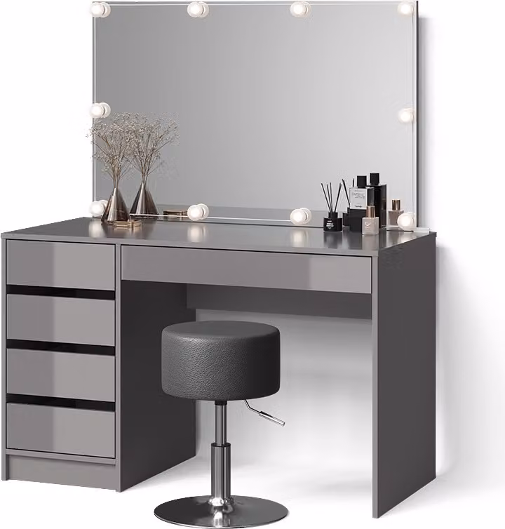 Tavolo da toeletta Livinity Imola Grigio con specchio, catena luminosa LED e sgabello, Model 52385
