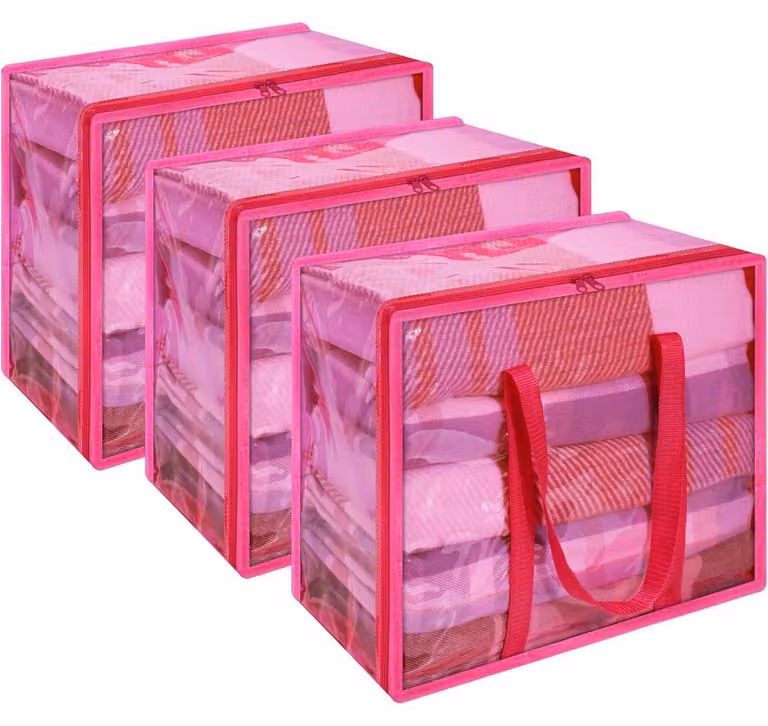 Borsa per riporre vestiti, confezione da 3 pezzi, con maniglia rinforzata, pieghevole, in vinile, capacità 40 litri, colore rosa