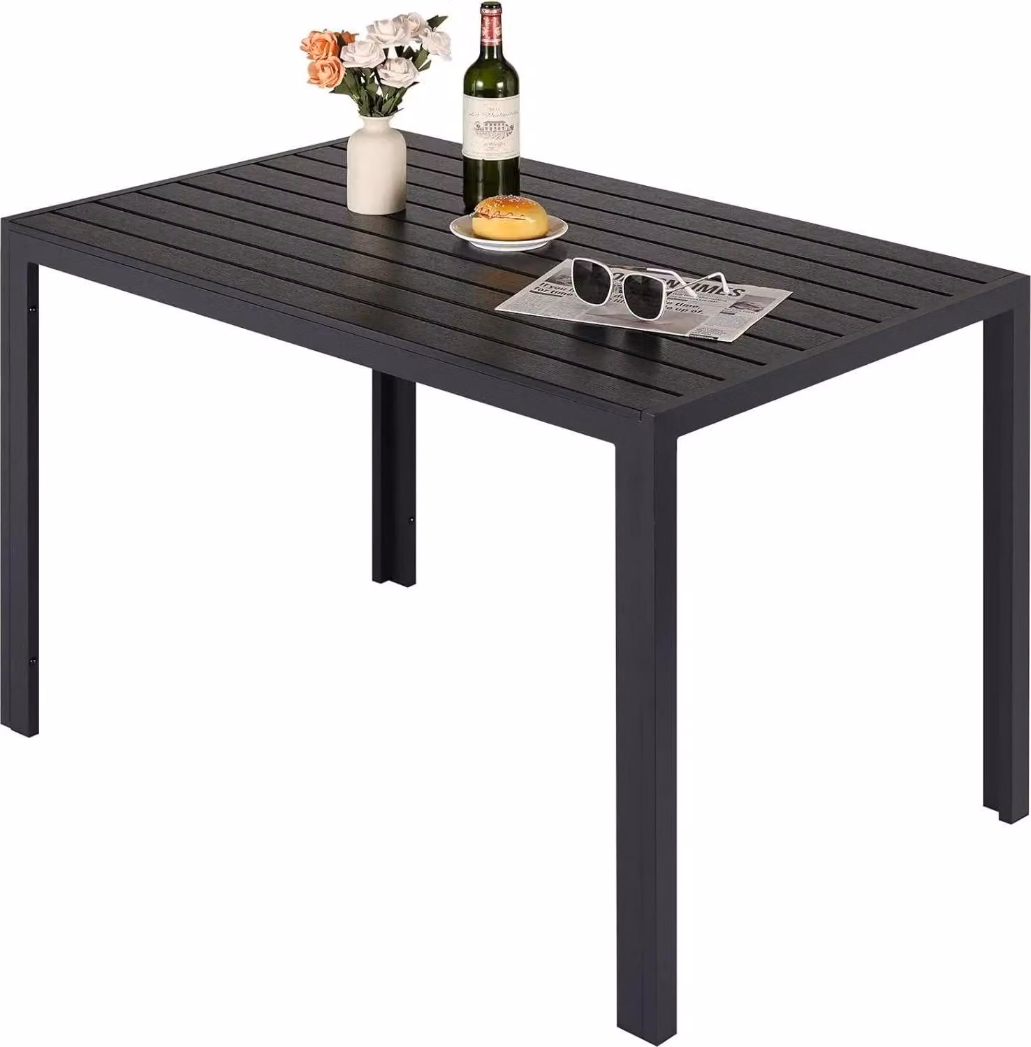 Tavolo da pranzo per esterni - Tavolo da giardino in alluminio - 110x70x73 cm - Piano a doghe 6,5x10 cm in legno - Per 6 persone - Rettangolare - Nero