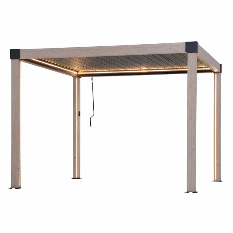 Sunjoy pergola modulare in alluminio a più doghe con LED 3x3 MATTERHORN - 306cm x 306cm, quercia