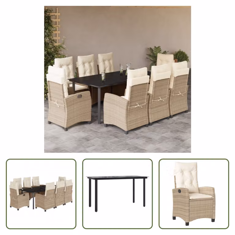The Living Store Set da pranzo da giardino 9 pezzi con cuscini Beige poly rattan
