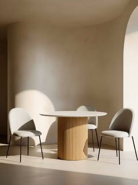 Tavolo da pranzo rotondo Kimma Kenay Home in microcemento bianco e impiallacciatura di rovere, Diametro: 120 cm, Altezza: 76 cm – 1