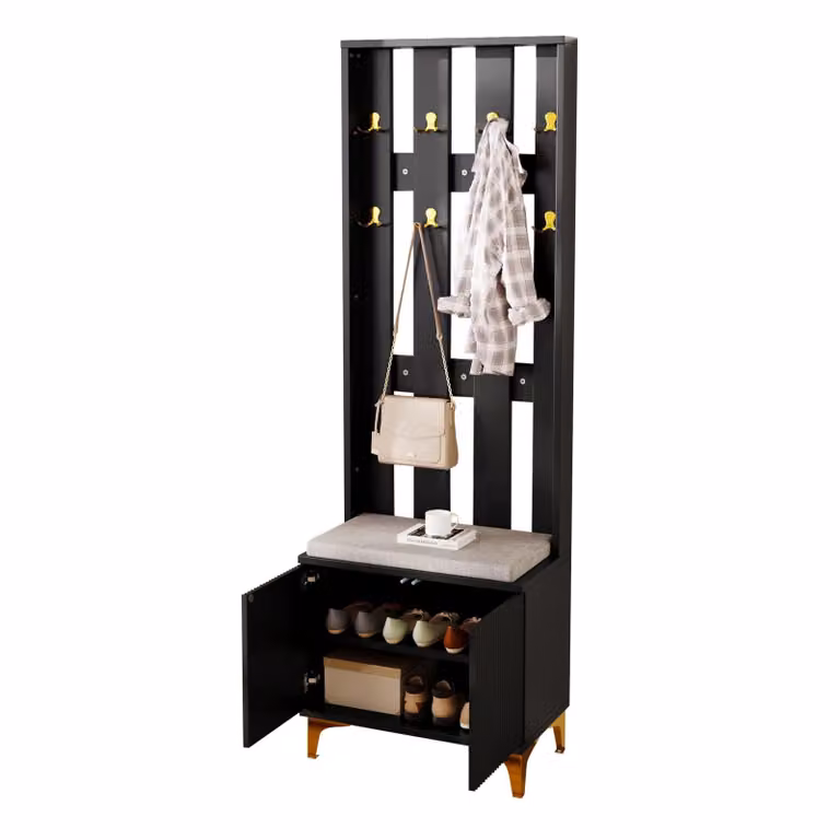 Armadio 3 in 1 con spazio per scarpe, 8 ganci doppi per cappotti, panca imbottita rivestita in lino, design rialzato con piedi in metallo dorato, colore nero