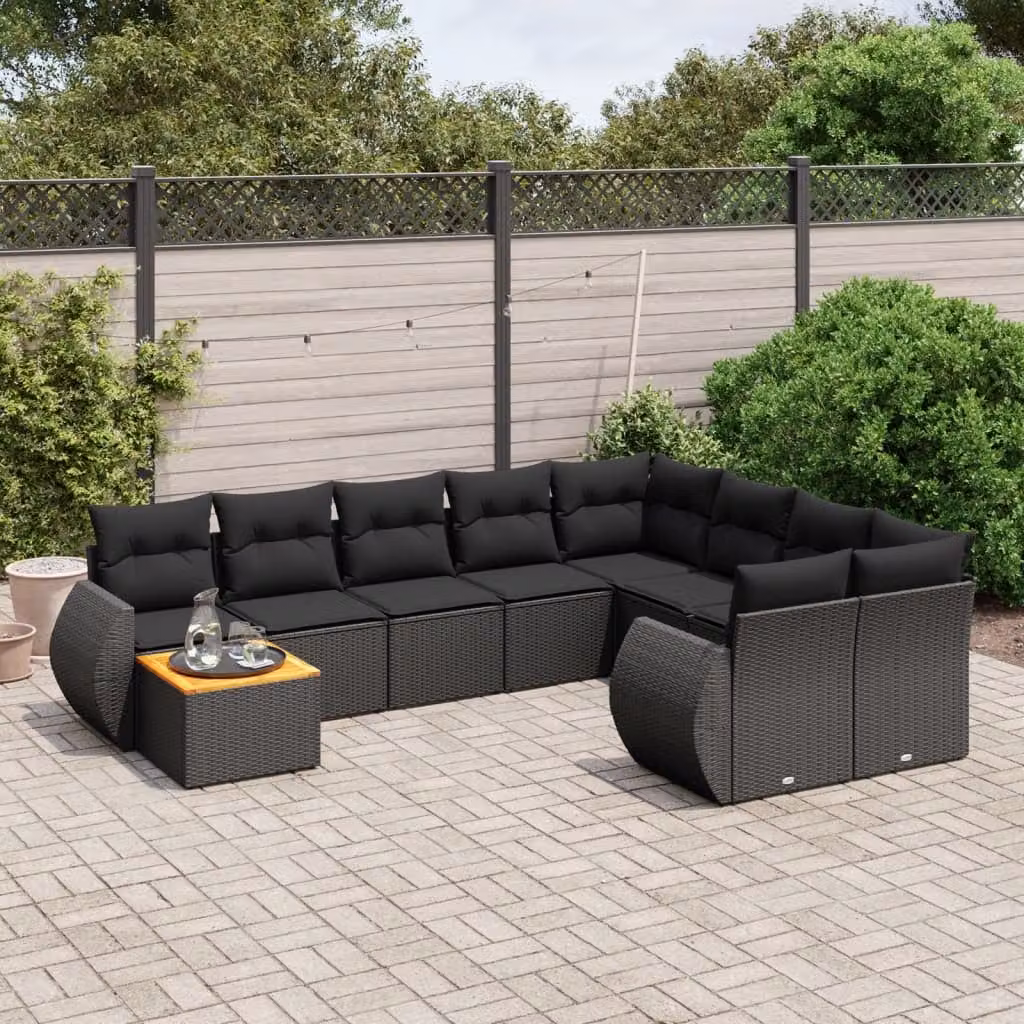 vidaXL Set Divani da Giardino 10 Pezzi in Polyrattan Nero con Cuscini e Tavolino da Esterno – 1