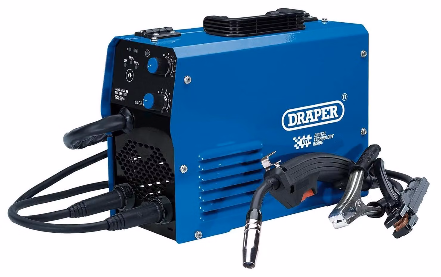Saldatrice inverter MIG senza gas, con amperaggio di 120A, design compatto e portatile, completa di accessori