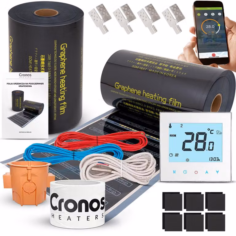 Set di pellicole riscaldanti a infrarossi Cronos GRAPHENE da 220W/m², dimensioni 50 cm, superficie riscaldante di 3 m² + termostato Wi-Fi AC605H bianco