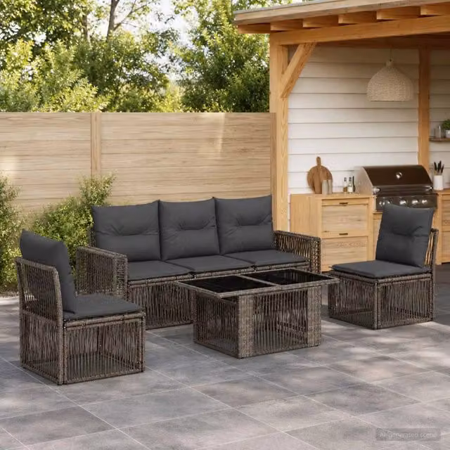 Set Divano da Giardino 6 Pezzi vidaXL in Polyrattan Grigio con Tavolino e Cuscini Imbottiti
