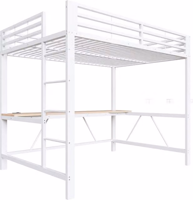 Letto a soppalco bianco 140x200 in metallo con scrivania, illuminazione LED e stazione di ricarica USB